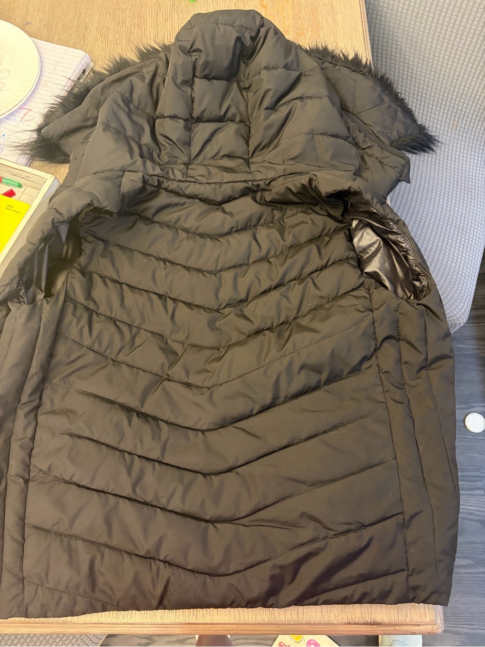 GAP Black Quilted Puffer Coat with Faux-Fur Hood Trim